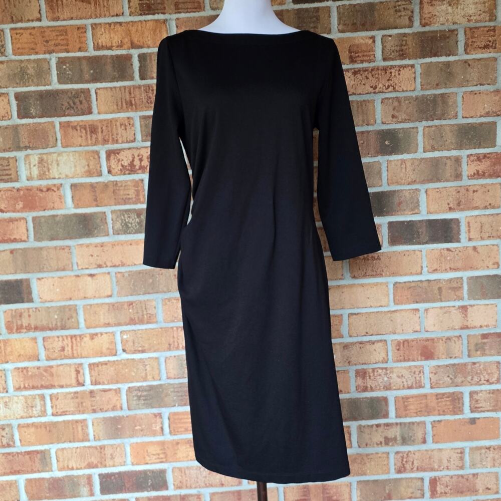 Ruched Side Dress J. McLaughlin Sarra Size L Black Stretch Boatneck Crop Sleeve
